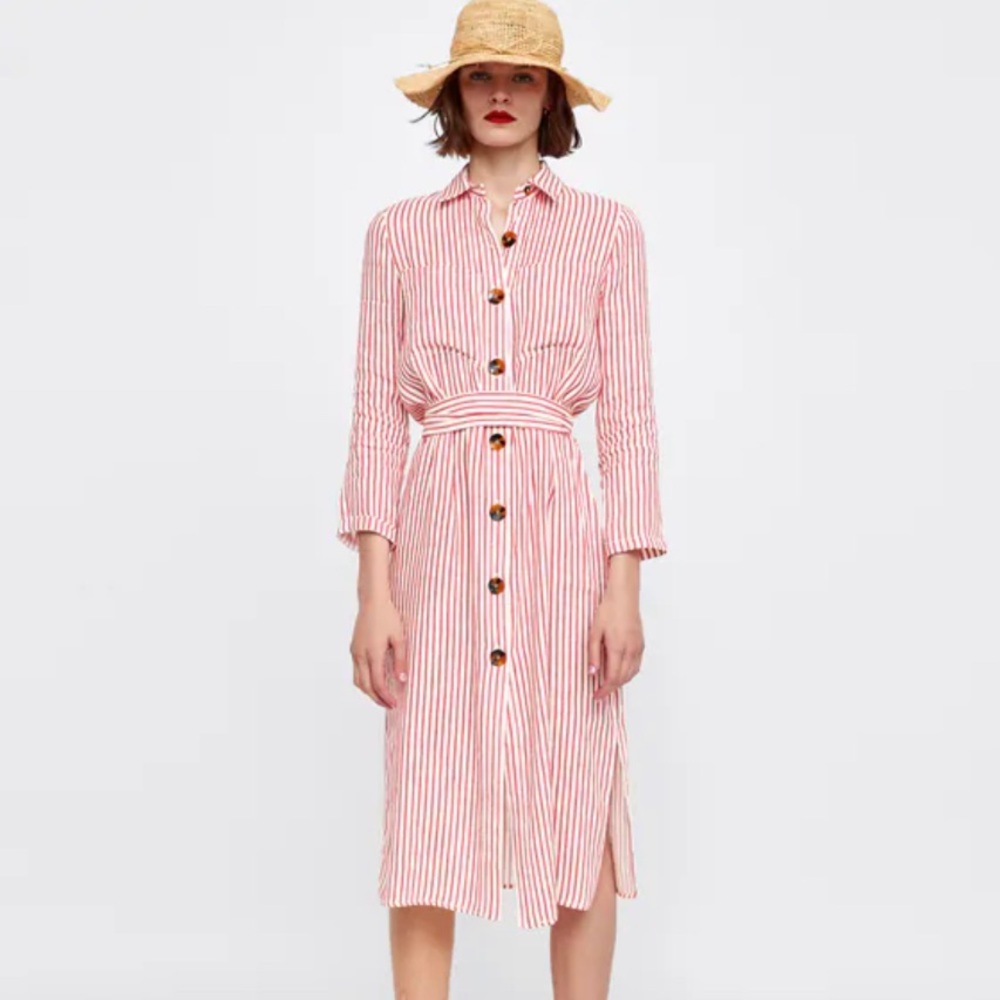 Zara | Red White Stripe Linen Tunic Belted Dress S - Picture 3 of 10